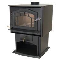 Kuma Ashwood wood stove with pedestal, ash pan, sunburst, and black door