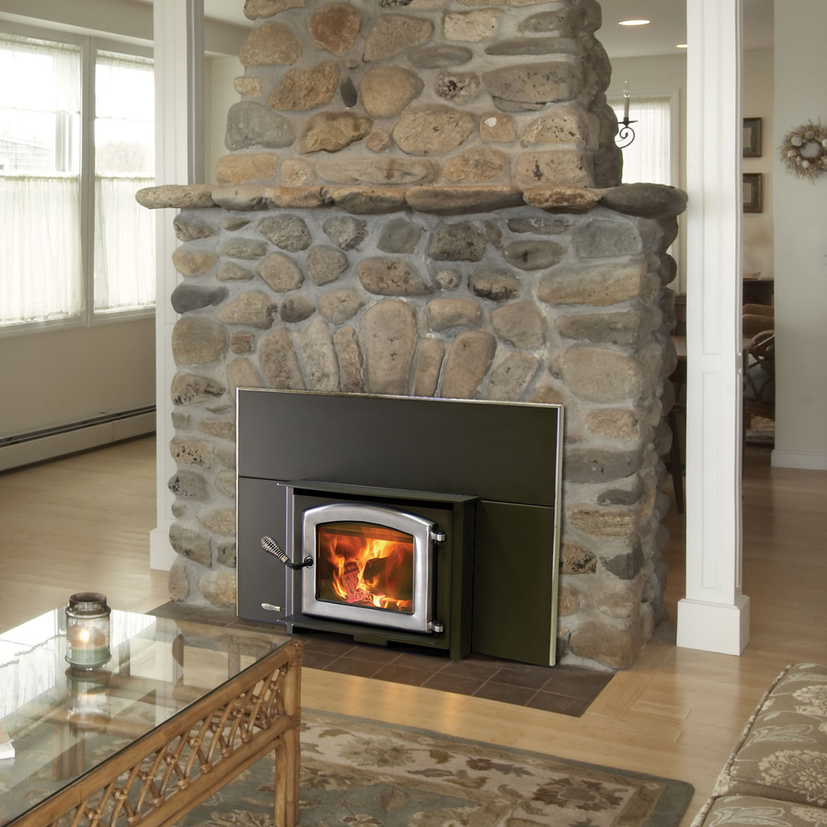 Kuma Aspen wood fireplace insert with pewter door, made in the USA